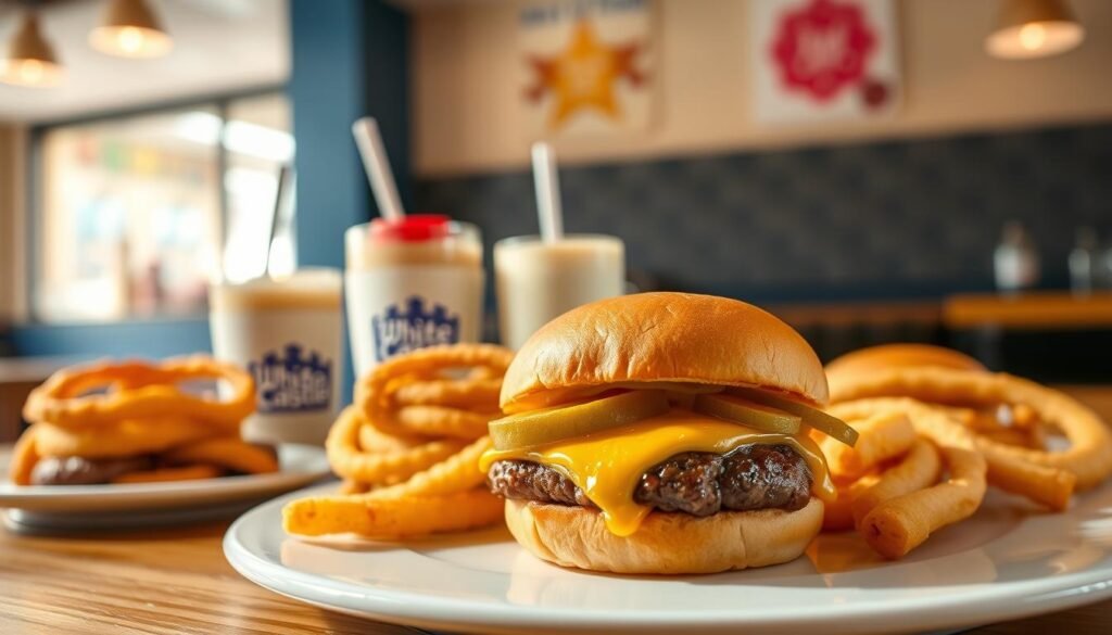 A beautifully arranged plate featuring a selection of White Castle sliders, showcasing their signature freshness. In the foreground, focus on a classic slider with a juicy beef patty, melty cheese, and pickles, glistening under the light. Surround it with a couple of fan-favorite options, such as crispy onion rings and a smooth milkshake, elegantly presented. In the middle ground, a wooden table adds a rustic touch, while a colorful assortment of condiments is artfully displayed. The background is softly blurred, with a hint of a fast-food restaurant ambiance, featuring clean lines and cheerful decor. Natural, warm lighting illuminates the scene, creating an inviting and appetizing atmosphere, perfect for highlighting the freshness of the White Castle menu items.