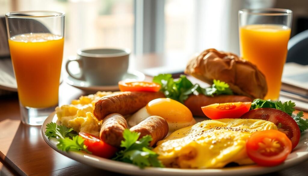 A beautifully arranged plate of a nutritious White Castle breakfast, featuring soft scrambled eggs, steamy breakfast sausage, and whole grain buns, all artfully garnished with vibrant, fresh vegetables like sliced tomatoes and leafy greens. In the foreground, display a clear glass with a refreshing orange juice, capturing the morning light, which adds a warm glow to the scene. The middle ground showcases a subtle background of a well-set table, with a cozy coffee cup and a newspaper, creating an inviting breakfast atmosphere. Soft, ambient natural light streams in from a nearby window, enhancing the colors and textures of the food. The mood is wholesome and energizing, emphasizing the health aspects of the meal, suitable for a detailed exploration of nutrition highlights and ingredient notes.