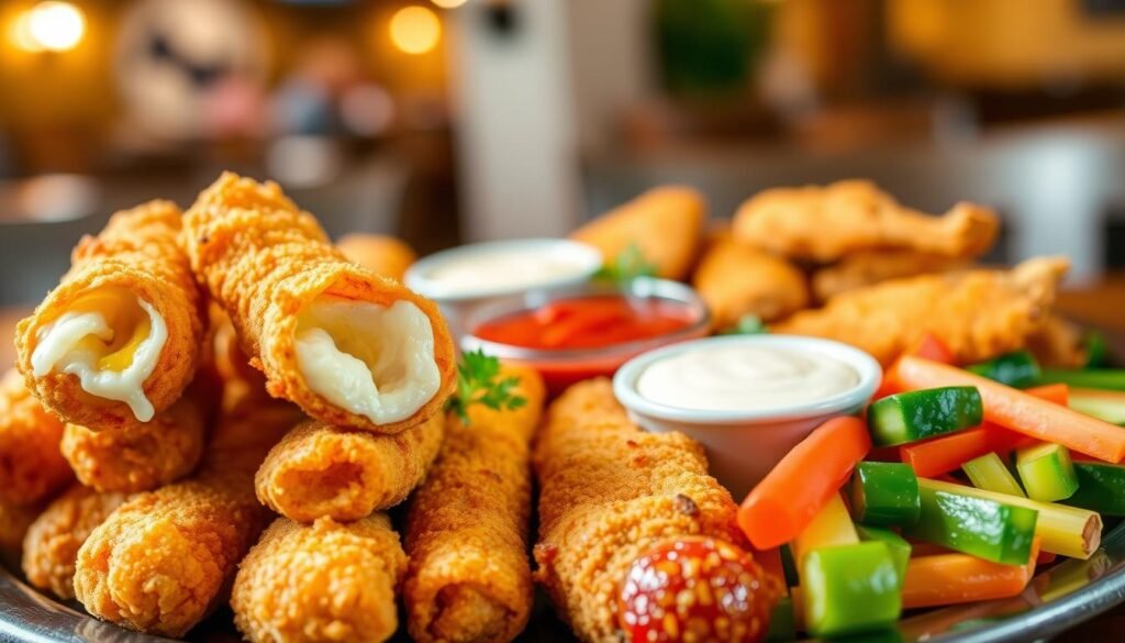 A beautifully arranged platter of Papa Gino's shareables featuring crispy mozzarella sticks, golden-brown chicken tenders, and a colorful array of fresh vegetables served with creamy dipping sauces. In the foreground, focus on the appetizing textures and details: melted cheese oozing from the mozzarella sticks and the golden crust of the chicken tenders. In the middle, include a small bowl of marinara sauce and a few sprigs of parsley for garnish, enhancing the visual appeal. The background should be softly blurred, possibly showing a cozy restaurant setting with warm lighting, evoking a friendly and inviting atmosphere. The overall mood should be casual and enjoyable, capturing the essence of sharing delicious appetizers.
