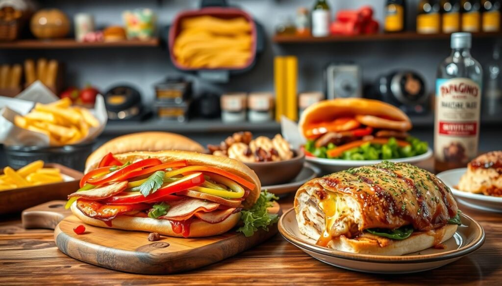 A beautifully arranged table displaying a variety of subs, melts, and sandwiches inspired by Papa Gino's menu. In the foreground, showcase a colorful Italian hoagie loaded with fresh vegetables, meats, and drizzled with aromatic sauces, resting on a rustic wooden cutting board. Next to it, a gooey, cheesy melt with grilled chicken and peppers, served on a ceramic plate. In the middle ground, include a selection of smaller sandwiches, each uniquely presented to highlight the freshness of the ingredients. Background elements consist of a cozy Italian deli ambiance, featuring shelves adorned with vibrant pasta and olive oil. The lighting should be warm and inviting, casting soft shadows to enhance the textures of the food. Capture the scene from a slightly elevated angle, creating an appealing and appetizing perspective.