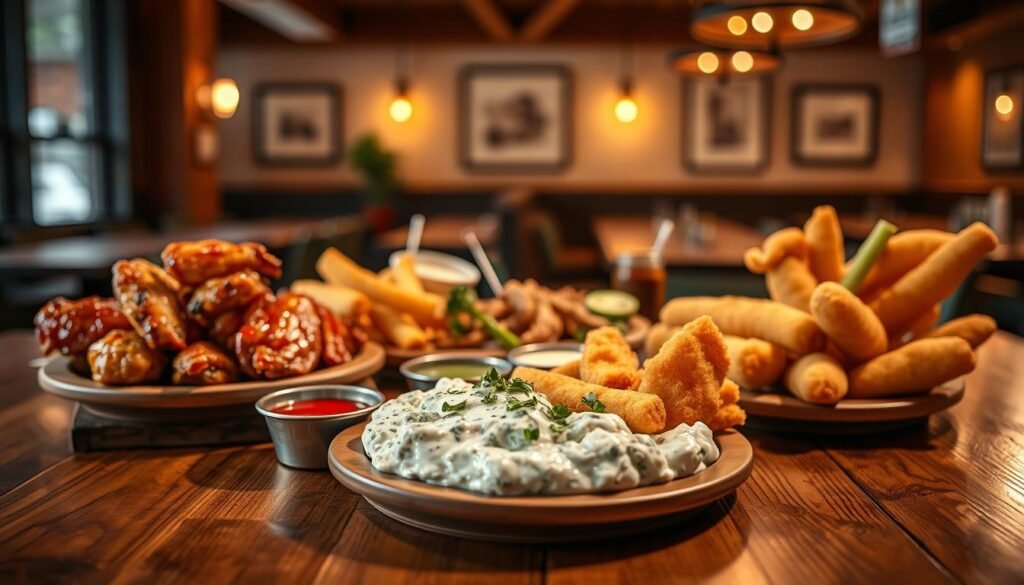 A beautifully composed still life showcasing Applebee's irresistible appetizer selection. In the foreground, a tempting array of classic favorites - sizzling boneless wings, creamy spinach and artichoke dip, and golden-fried mozzarella sticks. Artfully arranged on a rustic wooden table, the dishes are illuminated by warm, ambient lighting that casts gentle shadows, creating a cozy, inviting atmosphere. In the middle ground, a selection of dipping sauces and garnishes add pops of color and texture, while the background features a softly blurred view of the restaurant's inviting decor, hinting at the overall dining experience. The entire scene is captured with a shallow depth of field, drawing the viewer's eye directly to the mouthwatering appetizers.