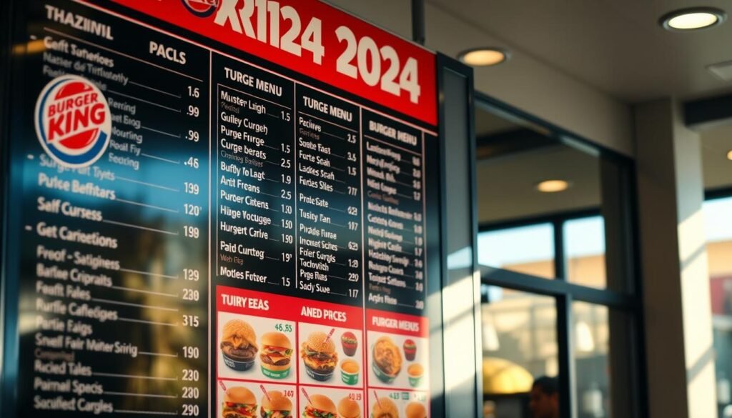 A beautifully lit, high-resolution photograph of a Burger King menu board, showcasing the full menu with prices for 2024. The menu is prominently displayed, with each item clearly labeled and the prices displayed in a clean, easy-to-read format. The lighting is soft and natural, casting a warm glow over the menu, and the camera angle is slightly elevated to provide a clear, unobstructed view. The background is blurred, keeping the focus solely on the menu itself. The overall composition is visually appealing and professional, capturing the essence of the Burger King brand and the updates to their menu for the coming year.