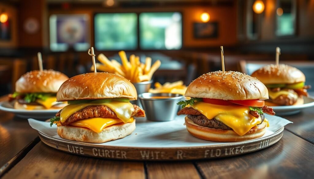 A beautifully plated slider meal featuring a variety of White Castle sliders, including classic cheeseburgers, chicken sliders, and veggie options, arranged on a rustic wooden table. In the foreground, a close-up view highlights the mouthwatering details of the sliders, with melted cheese and fresh toppings visible. The middle ground showcases a fresh side of crispy fries and a small bowl of dipping sauce. The background lightly blurs a cozy diner setting, complete with warm wooden accents and soft, ambient lighting, creating a welcoming atmosphere. The image captures a sense of indulgence and satisfaction, perfect for illustrating nutrition facts and customization tips for popular menu items. Use a soft focus lens effect to emphasize the sliders' textures and colors, enhancing the appetizing appeal.