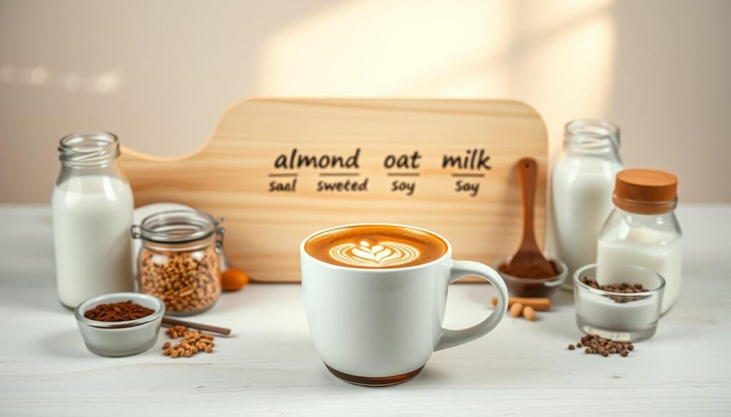 A beautifully styled and artfully arranged image of a "Vegan Coffee Drinks Customization Guide". In the foreground, a sleek and modern white ceramic mug filled with a rich, creamy vegan coffee drink, topped with a delicate foam design. Surrounding the mug, an assortment of vegan milk alternatives such as almond, oat, and soy milk in small glass jars, along with various plant-based sweeteners and spices. In the middle ground, a minimal, light-colored wooden board or surface serves as the backdrop, showcasing the vegan coffee customization options. The background features a soft, blurred, and airy atmosphere, with a warm, natural lighting source creating a cozy and inviting ambiance. The overall composition is clean, elegant, and visually appealing, perfectly capturing the essence of a vegan coffee customization guide.