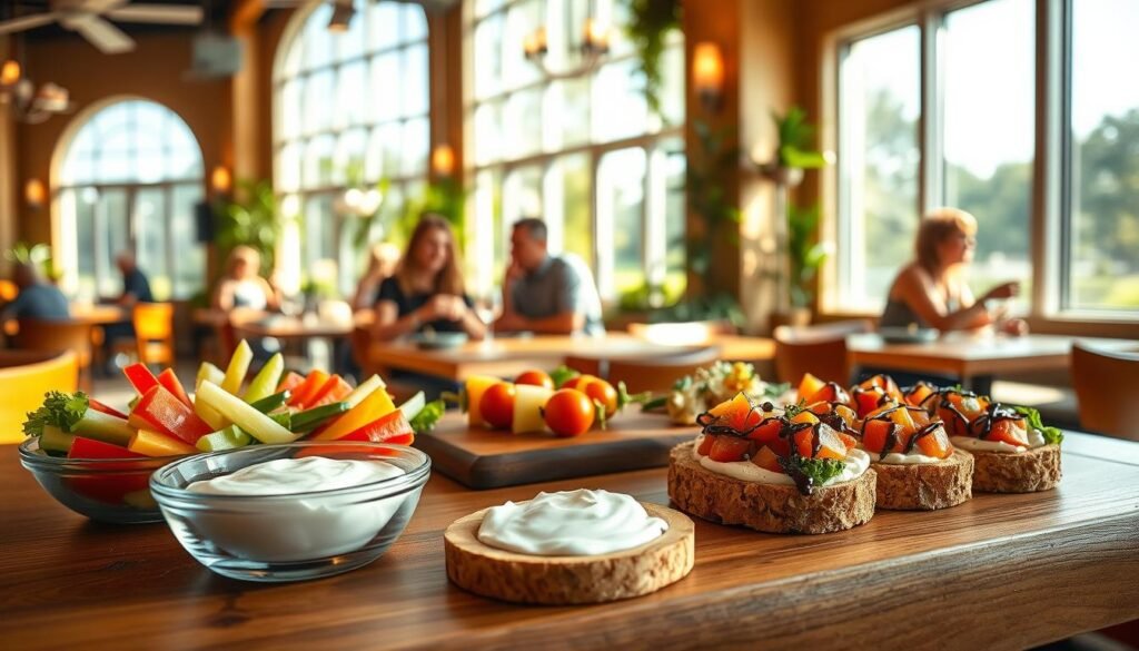 A bright, airy Applebee's restaurant interior, sunlight streaming through large windows. On a wooden table in the foreground, an artful arrangement of healthy appetizers - fresh vegetable crudités with creamy tzatziki dip, juicy fruit skewers, and crisp bruschetta bites topped with diced tomatoes and drizzled with balsamic glaze. The middle ground features a few diners enjoying the light starters, their expressions content. In the background, the restaurant's warm, inviting atmosphere is evident, with soft lighting, greenery, and natural textures creating a relaxing ambiance. The overall scene conveys a sense of wellness, balance, and mindful indulgence.