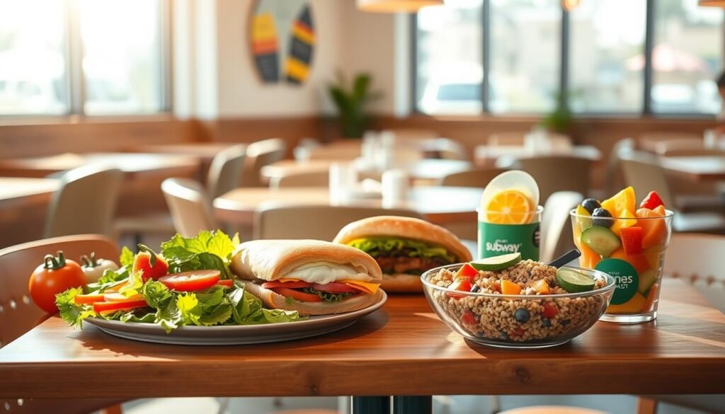 A bright, airy diner-style setting with a clean, modern aesthetic. On a wooden table, an array of healthy Subway breakfast options are artfully arranged: a fresh, crisp vegetable medley, a protein-packed egg white sandwich, a hearty breakfast bowl with quinoa and avocado, and a refreshing fruit cup. Warm, natural lighting filters through large windows, casting a warm glow over the scene. The overall mood is inviting, nutritious, and visually appealing, capturing the essence of a wholesome Subway breakfast experience.