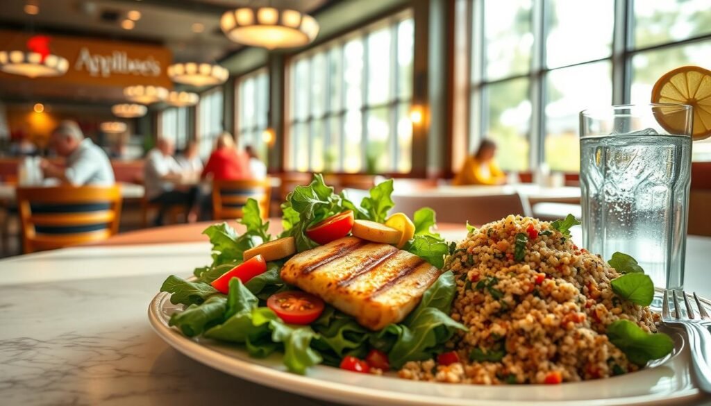A bright and airy Applebee's restaurant interior, with modern and inviting decor. On the table in the foreground, an array of healthy menu options are elegantly presented - a grilled chicken salad with fresh greens, tomatoes, and a light vinaigrette dressing, a plate of steamed vegetables with a protein-rich quinoa side, and a refreshing glass of water with a lemon wedge. The lighting is soft and natural, creating a calm and relaxing atmosphere. In the background, patrons are enjoying their meals, creating a sense of community and wellness. The overall scene conveys a healthier dining experience at Applebee's, showcasing their commitment to providing nutritious and flavorful options.