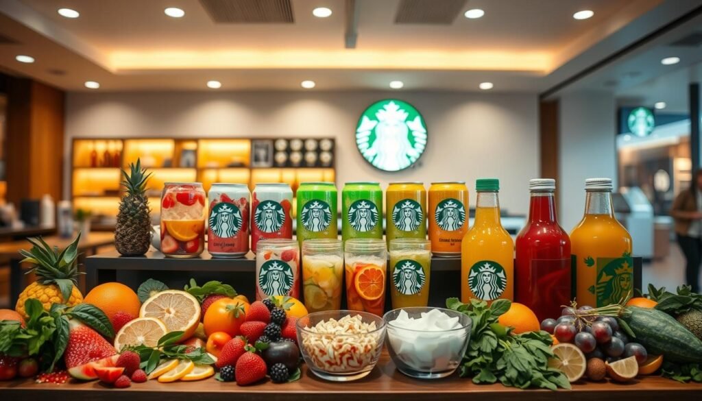 A bright, inviting Starbucks display showcasing customization options for their popular Refreshers beverages. In the foreground, an array of colorful fruits, herbs, and sweeteners are artfully arranged, inviting the viewer to create their own personalized refreshing drink. In the middle ground, a variety of Refreshers cans and bottles are displayed, highlighting the diverse flavor profiles. The background features a clean, modern Starbucks cafe setting, with warm lighting and minimalist decor, creating a sense of relaxation and rejuvenation. The overall scene exudes a refreshing, summery atmosphere, enticing the viewer to explore the endless possibilities of Starbucks Refreshers customization.