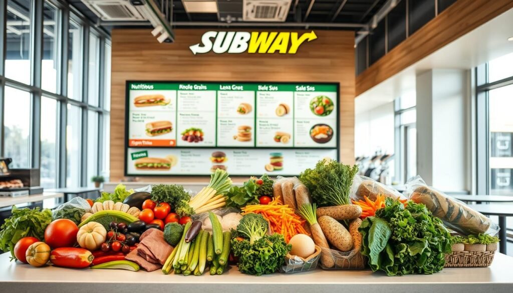 A bright, well-lit interior of a modern Subway restaurant, showcasing a selection of their healthiest menu options. In the foreground, a variety of fresh vegetables, lean proteins, and whole-grain breads are artfully arranged on a clean, minimalist counter. The middle ground features a large menu board highlighting nutritious sub options, salads, and signature sauces. In the background, natural light streams in through large windows, creating a warm, inviting atmosphere. The overall scene conveys a sense of freshness, quality, and a commitment to providing healthful choices for health-conscious customers.