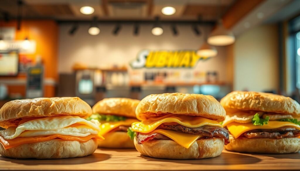 A bright, well-lit scene showcasing an assortment of freshly prepared Subway breakfast sandwiches. In the foreground, a variety of savory options are artfully arranged, including egg, cheese, and meat fillings nestled between toasted and golden-brown English muffins. The middle ground features a blurred background, hinting at the bustling Subway restaurant interior, with its modern, clean aesthetic. Soft, natural lighting casts a warm glow, accentuating the inviting textures and colors of the sandwiches. The overall mood is one of appetite-inducing temptation, inviting the viewer to imagine the flavors and satisfying crunch of these morning delights.
