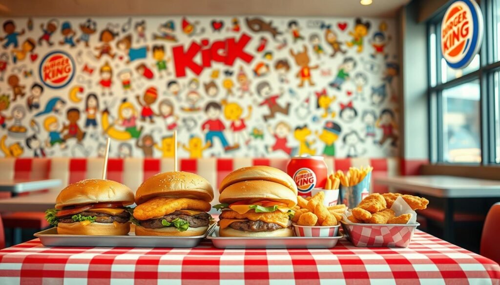 A brightly lit diner-style setting with a Burger King Kids Meal display in the foreground. The table is adorned with a classic red-and-white checkered pattern, and the meal options are neatly arranged, showcasing a variety of kid-friendly burger, chicken, and side choices. The background features a colorful mural with cartoon characters, creating a fun and playful atmosphere. The lighting is warm and inviting, casting a soft glow on the scene. The composition is balanced, with the meal options taking center stage and the background elements providing a complementary setting.