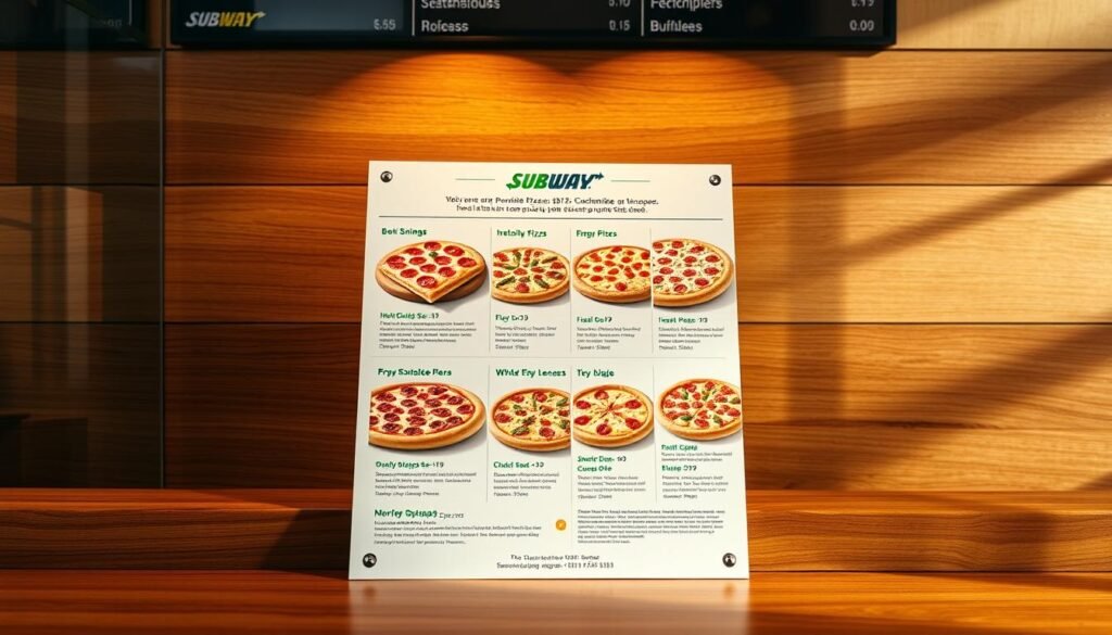A brightly lit, high-resolution image of a Subway personal pizza menu displayed on a stylish wooden counter. The menu features clear, mouth-watering photographs of various customizable pizza options, accompanied by concise descriptions and pricing information. The layout is clean and organized, with a modern, minimalist aesthetic. Soft shadows and highlights create depth and dimension, drawing the viewer's attention to the inviting pizza options. The overall atmosphere conveys a sense of high-quality, artisanal pizza offerings in a casual, welcoming Subway setting.