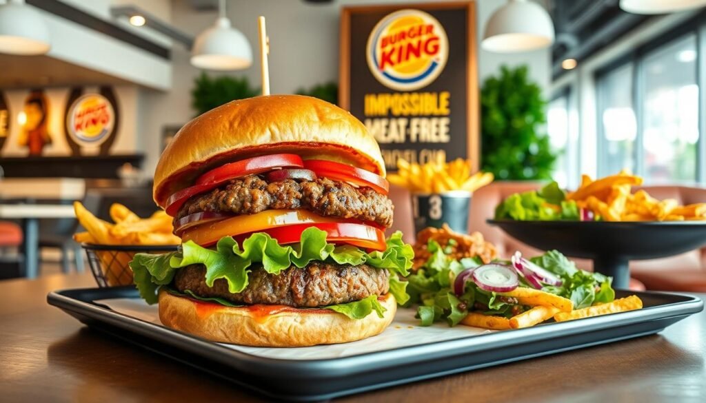 A brightly lit, modern Burger King restaurant interior, showcasing an array of plant-based menu options. In the foreground, a beautifully crafted Impossible Whopper burger with a juicy, meat-like patty, fresh toppings, and a toasted bun. In the middle ground, various plant-based side dishes like crisp fries and a green salad, neatly arranged on a tray. The background features a clean, minimalist decor with Burger King's signature colors and a prominent display highlighting the restaurant's commitment to sustainable, meatless options. The scene conveys a sense of health-consciousness, culinary innovation, and environmental responsibility within the Burger King brand.