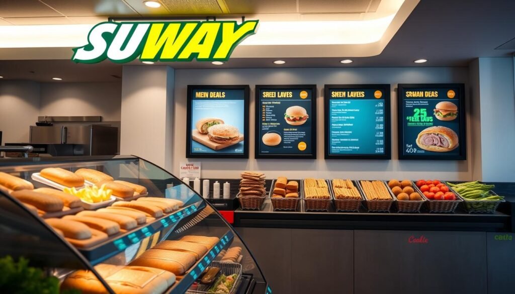 A brightly lit, modern Subway restaurant interior, showcasing the chain's signature menu items. In the foreground, a display case features an array of freshly baked breads, meats, and vegetables, inviting the viewer to create their own customized sandwich. In the middle ground, framed menu boards highlight the latest Subway meal deals and special offers, prominently displayed against a clean, minimalist backdrop. The overall scene conveys a sense of freshness, convenience, and a wide range of delicious, high-quality options for the health-conscious consumer. Soft, directional lighting illuminates the scene, casting a warm, inviting glow and emphasizing the vibrant colors of the ingredients.