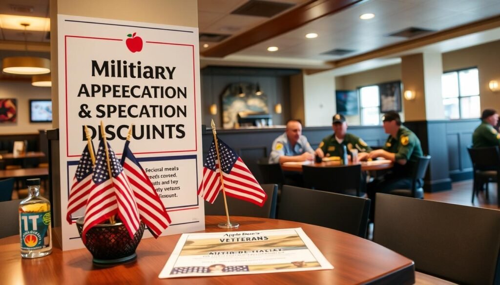 A brightly lit, modern interior of an Applebee's restaurant, with a prominent display highlighting the &amp;amp;amp;amp;amp;amp;amp;amp;amp;quot;Military Appreciation Discounts&amp;amp;amp;amp;amp;amp;amp;amp;amp;quot; offer. In the foreground, a table is set with an American flag centerpiece, military memorabilia, and a menu showcasing the special discounted meals available to active-duty personnel and veterans. The middle ground features uniformed service members enjoying their discounted meals, while the background showcases the restaurant's warm, inviting atmosphere with subtle military-themed decor. The lighting is soft and welcoming, creating a sense of appreciation and gratitude for those who have served.