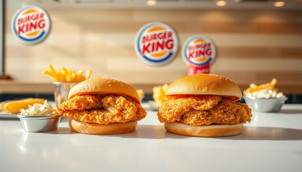 A brightly lit scene showcasing the Burger King Chicken and Fish Menu Options. In the foreground, a crisp, golden-fried chicken sandwich and a flaky, breaded fish fillet sandwich are prominently displayed on a clean, white surface, their textures and colors inviting the viewer to take a bite. In the middle ground, various sides like french fries and coleslaw are arranged neatly, complementing the main dishes. The background features the iconic Burger King logo and branding, subtly establishing the scene's context. The lighting is natural and warm, creating a welcoming and appetizing atmosphere. The camera angle is slightly elevated, allowing the viewer to take in the entire spread with a sense of visual balance and proportion.