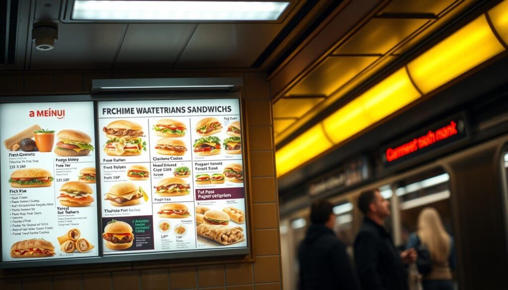 A brightly lit subway station setting, with a large illuminated menu board prominently displayed on the wall. The menu showcases a variety of delectable sandwich combinations, each featuring fresh ingredients and enticing visuals. In the foreground, the menu is the focal point, captured with a shallow depth of field to emphasize its importance. The background is slightly blurred, suggesting the bustling atmosphere of the subway environment, with the hint of commuters and trains in the distance. The lighting is warm and inviting, creating a cozy and appealing atmosphere, perfectly suited for a late-night dinner craving.