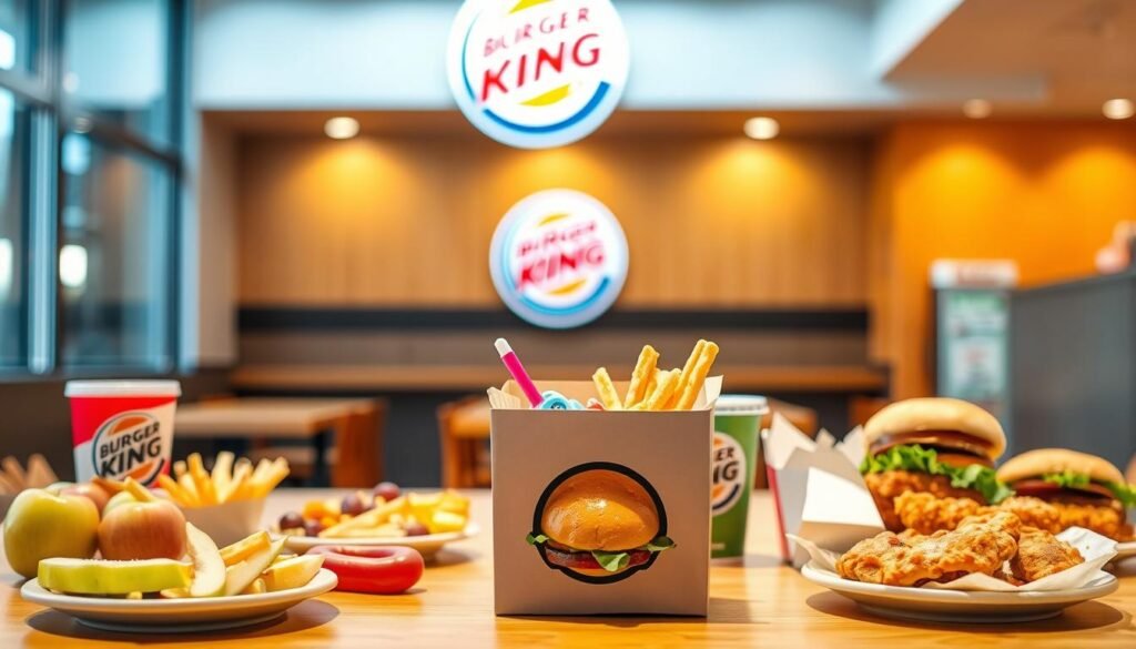 A brightly lit table setting in a Burger King restaurant, showcasing a variety of Kids Meal options. In the foreground, a colorful cardboard Kids Meal box takes center stage, filled with a miniature burger, fries, a small drink, and a toy. Surrounding the box are neatly arranged side dishes like apple slices and grapes. In the middle ground, additional Kids Meal options are displayed, including a chicken sandwich, chicken nuggets, and a veggie burger. The background features the familiar Burger King branding, with warm lighting and a cozy, family-friendly atmosphere. The image conveys the variety and appeal of Burger King's Kids Meal offerings.