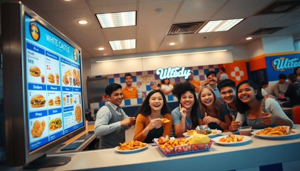 A bustling White Castle restaurant interior, featuring a modern counter with a friendly cashier in modest casual clothing ready to take orders. The foreground captures a vibrant menu board displaying the diverse offerings like sliders, fries, and drinks, well-lit with soft overhead lighting. In the middle, an excited group of diverse customers seated at a table enjoying their meals, showcasing delicious food with satisfied expressions. The background features recognizable White Castle decor, including iconic branding and bright color schemes. The overall mood is inviting and upbeat, emphasizing the ease of ordering for delivery or pickup. The angle is slightly elevated to capture the lively atmosphere.