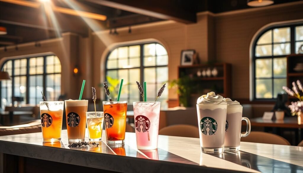 A cafe interior bathed in soft, warm lighting. On the counter, an array of colorful spring-inspired Starbucks beverages - lavender-infused lattes, iced tea with subtle hints of lavender, and frothy lavender-tinged cappuccinos. Delicate lavender sprigs adorn the drinks, complementing the pastel hues. Sunlight streams through large windows, casting a gentle glow over the scene. The atmosphere is serene and inviting, with plush seating and cozy decor evoking the essence of a springtime oasis. The focus is on the visually striking, floral-accented Starbucks offerings, showcasing their seasonal allure.