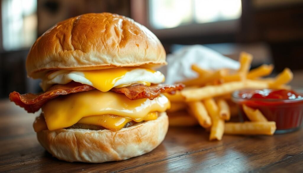 A close-up image of a delicious breakfast slider, featuring a fluffy egg patty, melted cheese, and crispy bacon or sausage stacked between two soft, toasted slider buns. The slider is placed on a rustic wooden table, with a side of golden, crispy hash browns and a small bowl of ketchup, creating a mouth-watering breakfast spread. The background is softly blurred to emphasize the foreground, bringing a warm and inviting atmosphere to the scene. Natural morning light streams in from the left, casting gentle shadows and highlighting the textures of the food. The composition is shot with a 50mm lens at eye level, creating an intimate and appetizing view that illustrates value and comfort.