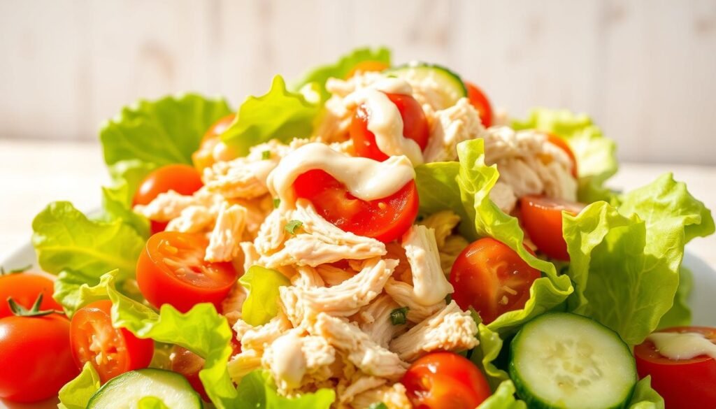 A close-up photograph of a hearty chicken salad against a bright, natural background. The salad is composed of tender, shredded chicken, crisp lettuce leaves, juicy cherry tomatoes, crunchy cucumber slices, and a light, creamy dressing. The arrangement is visually appealing, with the ingredients neatly layered and complementary colors creating an inviting, appetizing presentation. Soft, natural lighting illuminates the scene, highlighting the fresh, nutritious quality of the salad. The image conveys a sense of healthy, balanced sustenance, suitable for a nutritious meal or snack.
