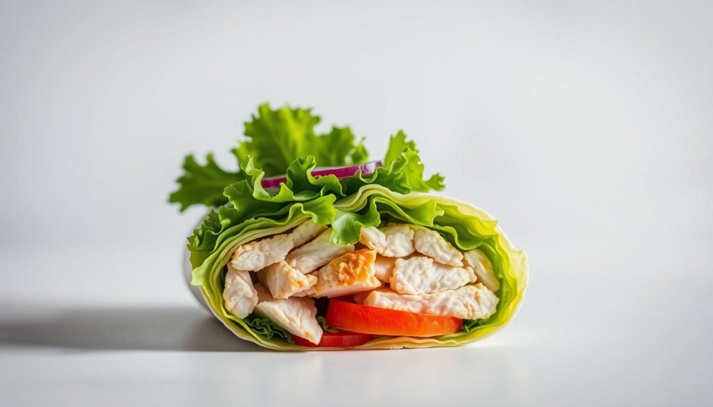 A close-up shot of a Subway chicken wrap against a clean, minimalist background. The wrap is presented in an appetizing manner, showcasing the layers of crisp lettuce, juicy chicken, and fresh vegetables. The lighting is soft and diffused, highlighting the vibrant colors and textures of the ingredients. The composition emphasizes the nutritional information, with a clear focus on the wrap's contents and their health benefits. The overall atmosphere is one of simplicity, cleanliness, and a focus on the nutritional value of the meal.