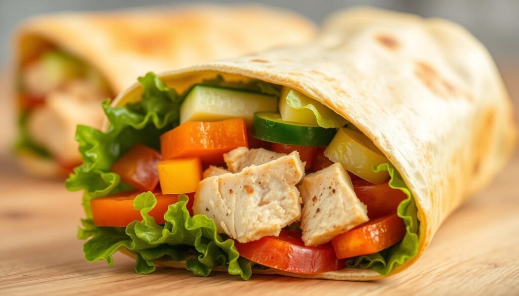 A close-up shot of a Subway chicken wrap, showcasing its fresh, high-quality ingredients. In the foreground, a crisp bed of lettuce, juicy and tender chicken breast, and vibrant vegetables like tomatoes, cucumbers, and bell peppers. In the middle ground, a warm, toasted wrap hugs the filling, its golden-brown texture inviting. The lighting is soft and natural, highlighting the vibrant colors and textures of the ingredients. The overall mood is one of appetizing freshness and quality, reflecting the care and attention put into crafting this delicious and satisfying meal.