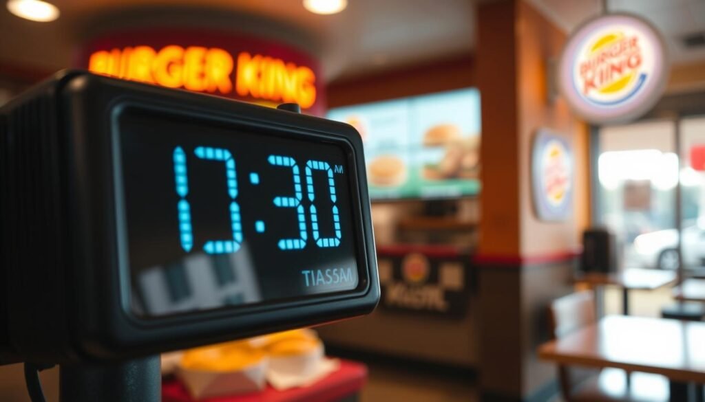 A close-up shot of a digital clock display showing the time 10:30 AM, indicating the cutoff time for Burger King's breakfast menu. The clock face is positioned prominently in the foreground, with a blurred background of a Burger King restaurant interior, conveying a sense of urgency and the transition from breakfast to the lunch menu. The lighting is natural, with warm tones reflecting the morning ambiance. The overall mood is one of clarity and precision, capturing the precise moment when Burger King stops serving their breakfast items.