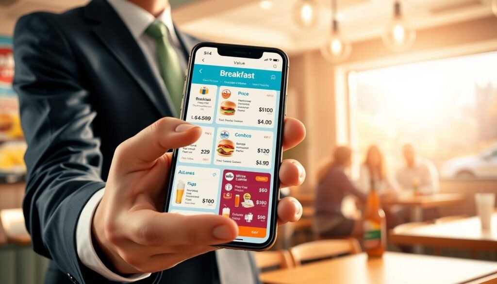 A conceptual illustration of a prices value app specifically designed for a fast food restaurant, prominently featuring a colorful, user-friendly interface displaying menu items and their prices. In the foreground, a smartphone is held by a person in professional business attire, showcasing the app screen filled with options like breakfast sandwiches, beverages, and combo deals. In the middle ground, a cozy diner setting reflecting White Castle's branding, with a soft-focus depiction of diners enjoying breakfast. The background features a sunny window to evoke a bright morning atmosphere. The lighting is warm and inviting, casting gentle shadows, while the angle is slightly from above, creating depth. The overall mood is cheerful and engaging, inviting users to explore value and savings in their breakfast choices.