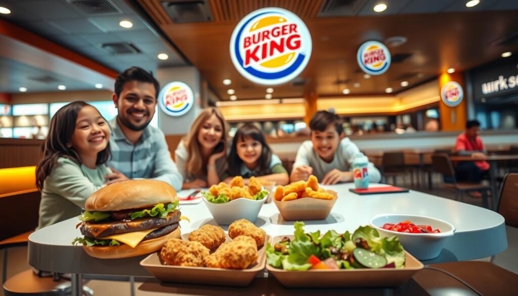 A cozy Burger King restaurant interior, with a family of four seated at a clean, well-lit table. The foreground features various budget-friendly meal options, including a Whopper Jr. combo, chicken nuggets, and a salad. The middle ground showcases the signature Burger King decor, with warm lighting, wooden accents, and a modern, inviting atmosphere. In the background, a panoramic view of the restaurant reveals additional seating areas and the iconic Burger King branding. The overall scene conveys a sense of affordable, family-friendly dining in a comfortable, welcoming setting.