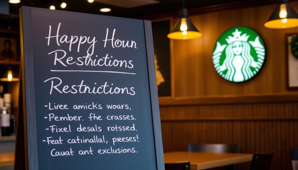 A cozy Starbucks cafe interior, with soft lighting and a warm, inviting atmosphere. In the foreground, a chalkboard sign displays the "Happy Hour Restrictions" in elegant cursive, outlining the limited-time deals and exclusions. The middle ground features a stylized Starbucks logo and subtle patterns, hinting at the brand's visual identity. The background showcases the cafe's signature wood paneling and natural accents, creating a sense of comfort and familiarity. The overall composition evokes a sense of professionalism and attention to detail, perfectly suited to illustrate the "Happy Hour Restrictions and Fine Print" section of the article.