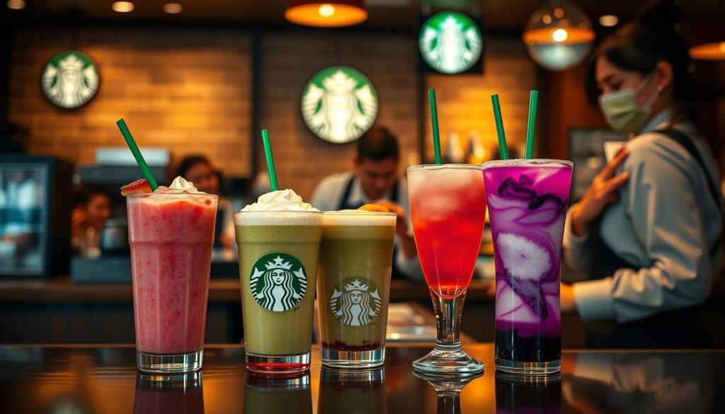 A cozy Starbucks cafe setting, bathed in warm, inviting lighting. On the counter, an array of specialty Happy Hour drinks, each with its own unique color and presentation - a vibrant pink Strawberry Frappuccino, a creamy green Matcha Latte, and a swirling, ombre Violet Drink. Baristas in crisp uniforms expertly crafting these delightful beverages, their movements captured in a soft, cinematic focus. The background features the familiar Starbucks logo and branding, hinting at the premium quality and experience. An atmosphere of relaxation and indulgence, perfect for a midday break or an evening social gathering.