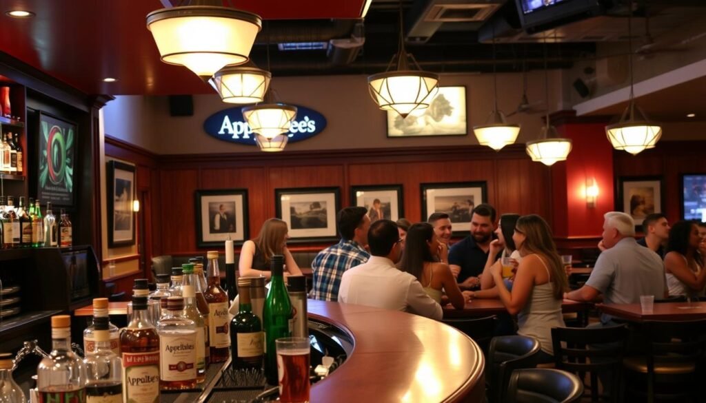 A cozy and inviting Applebee's restaurant interior, with warm lighting and a lively atmosphere. The foreground features a prominent bar area, with bottles of liquor, mixers, and glassware neatly arranged. In the middle ground, a group of friends sitting at a high-top table, laughing and enjoying their drinks. The background showcases the familiar Applebee's decor, including wood-paneled walls, framed artwork, and hanging pendant lights. The overall scene conveys the excitement and energy of a bustling weekend happy hour at this popular casual dining establishment.