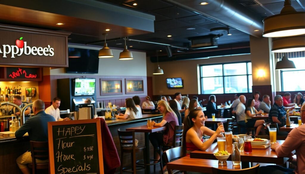 A cozy, dimly-lit Applebee's restaurant interior, with a prominent bar in the foreground featuring a chalkboard sign displaying the &amp;amp;amp;amp;amp;amp;amp;amp;amp;quot;Happy Hour Specials&amp;amp;amp;amp;amp;amp;amp;amp;amp;quot; menu. Patrons seated at high-top tables, enjoying discounted drinks and appetizers. Warm, inviting lighting casts a soft glow, creating a relaxed, social atmosphere. In the background, glimpses of the restaurant's casual dining area, with a few patrons enjoying their meals. The scene conveys the welcoming, lively vibe of an Applebee's Happy Hour, enticing viewers to take advantage of the special offers.