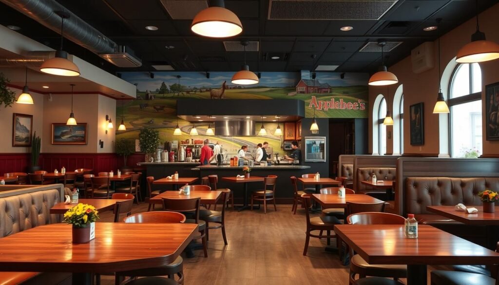 A cozy, family-friendly Applebee's restaurant interior, bathed in warm, inviting lighting. The foreground features a spacious dining area with sturdy wooden tables and comfortable upholstered booths, perfect for sharing a meal. The middle ground showcases a bustling open kitchen, where skilled chefs prepare delectable dishes. In the background, a vibrant mural adorns the wall, depicting scenes of American heartland and small-town charm. Subtle decorative touches, such as potted plants and framed artwork, create a welcoming ambiance. The overall atmosphere conveys a sense of casual comfort and togetherness, making it an ideal setting for families to enjoy a wholesome, memorable dining experience.