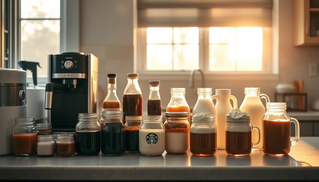A cozy kitchen counter, warm afternoon sunlight streaming through the windows, showcasing an array of DIY Starbucks-inspired drink ingredients. Meticulously arranged are glass jars filled with various syrups, sauces, and toppings - caramel, chocolate, vanilla, cinnamon, whipped cream. Alongside, a sleek home espresso machine, a selection of mugs, and fresh milk jugs. The scene evokes a sense of personal customization, inviting the viewer to explore the boundless possibilities of crafting their perfect beverage. Subtle shadows and soft, diffused lighting create an intimate, cafe-like ambiance, setting the stage for an elevated, at-home Starbucks experience.