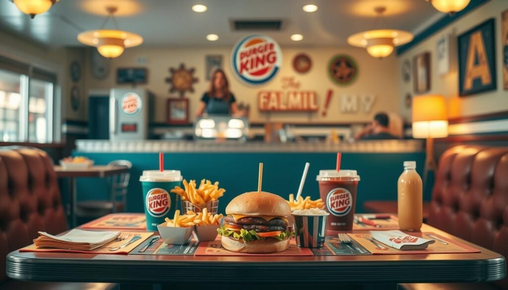 A cozy, well-lit diner scene with a Burger King family meal deal displayed prominently on the table. The meal includes a variety of customizable items such as a Whopper, french fries, drinks, and sides. The table is set with placemats, napkins, and condiments, creating a welcoming atmosphere. Soft, warm lighting casts a comforting glow, and the background features a classic diner interior with booths, a counter, and wall decor that reinforces the family-friendly vibe. The composition draws the viewer's eye to the meal, showcasing the diverse menu options and the ability to personalize the order to suit individual preferences.