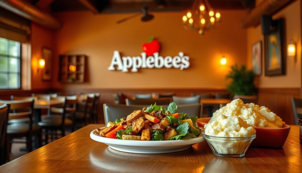 A cozy, well-lit restaurant interior with an inviting atmosphere. In the foreground, a wooden table showcases an array of gluten-free side dishes, including a vibrant green salad, roasted vegetables with a light seasoning, and a creamy mashed potato side. The middle ground features the Applebee's logo subtly displayed on the wall, conveying the setting. The background is softly blurred, suggesting a peaceful ambiance. The lighting is warm and natural, creating a welcoming ambiance. The camera angle is slightly elevated, allowing the viewer to appreciate the thoughtfully presented gluten-free options.