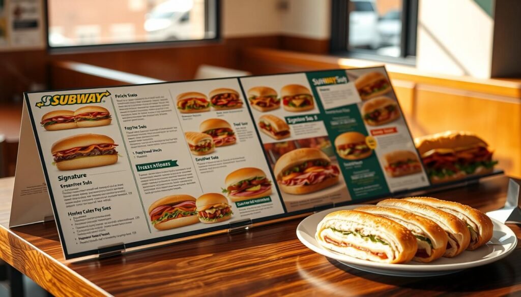 A crisp, well-lit photograph of a Subway restaurant's signature subs lunch menu displayed on a wooden table. The menu showcases a variety of delectable sandwiches, each accompanied by mouthwatering visuals and concise descriptions. The layout is clean and organized, with a focus on highlighting the key ingredients and flavors of each signature sub. The lighting is warm and natural, casting a soft glow over the scene. The camera angle is slightly elevated, providing a comprehensive view of the entire menu. The overall atmosphere conveys a sense of classic, casual dining experience.