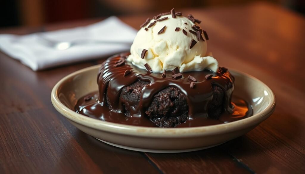 A decadent and indulgent Applebee's Triple Chocolate Meltdown Dessert presented on a rustic wooden table. The warm, oozing chocolate cake is topped with a scoop of creamy vanilla ice cream, drizzled with rich chocolate sauce, and sprinkled with shaved dark chocolate shards. Soft lighting casts a warm glow, highlighting the glossy, molten texture of the dessert. The image evokes a cozy, intimate atmosphere, inviting the viewer to savor the luxurious, chocolatey experience.
