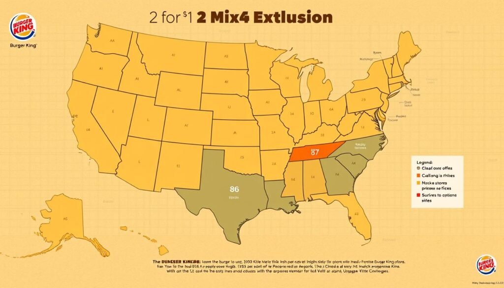 A detailed, high-resolution map of the United States showcasing the regional pricing variations and exclusions for Burger King's "2 for $6 Mix & Match" promotion. The map is rendered with a clean, minimalist aesthetic, using a color scheme of warm earth tones to evoke the brand's identity. The foreground features state outlines and major city markers, while the background displays a subtle grid pattern and faint state labels. The middle ground incorporates Burger King logos and icons to denote the pricing zones, with a clear legend explaining the differences. The overall scene is captured with a wide-angle lens, providing a comprehensive view of the national landscape and pricing data.