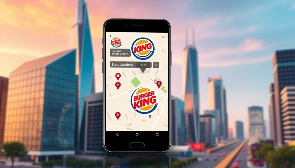 A digital illustration depicting a detailed Burger King store locator guide. The foreground features a smartphone display showcasing the BK store locator interface, with clean, intuitive UI elements and an interactive map displaying restaurant locations. The middle ground includes a stylized Burger King logo and branding, conveying a sense of brand recognition. The background presents a modern, minimalist cityscape, with sleek high-rise buildings and a vibrant, warm color palette suggesting an urban, metropolitan setting. The overall composition conveys a sense of functionality, accessibility, and the convenience of finding the nearest Burger King restaurant. Rendered in a high-resolution, photorealistic style with natural lighting and subtle depth of field.