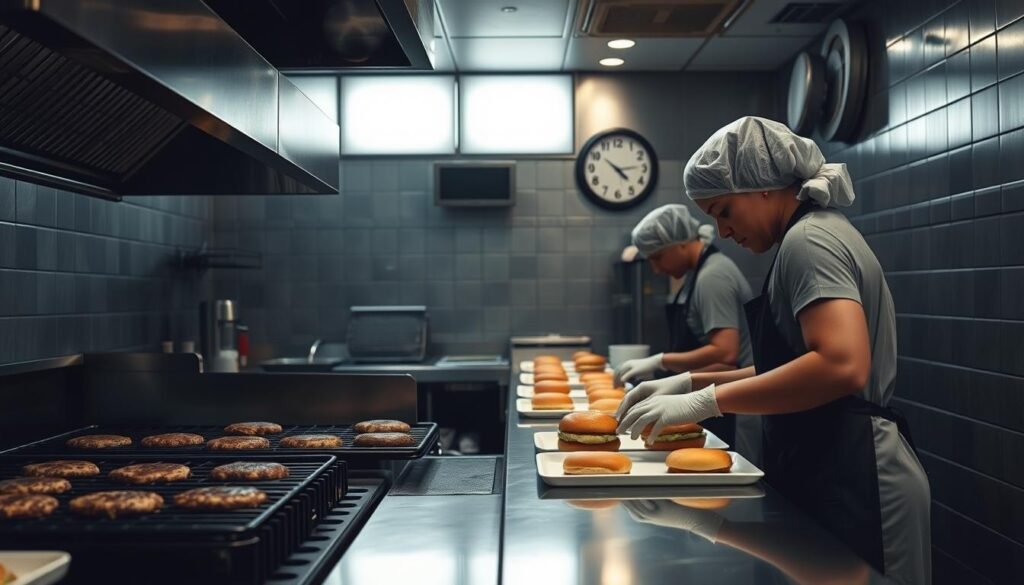 A dimly lit commercial kitchen, the grill sizzling with breakfast patties as a line cook meticulously assembles Whopper Jr. sandwiches. Stainless steel appliances gleam under the muted lighting, while a clock on the wall indicates the cutoff time for Burger King's breakfast menu. The atmosphere is focused and efficient, with workers in hairnets and aprons moving with practiced precision, reflecting the company's decision to forgo all-day breakfast service in favor of a strict timeframe.