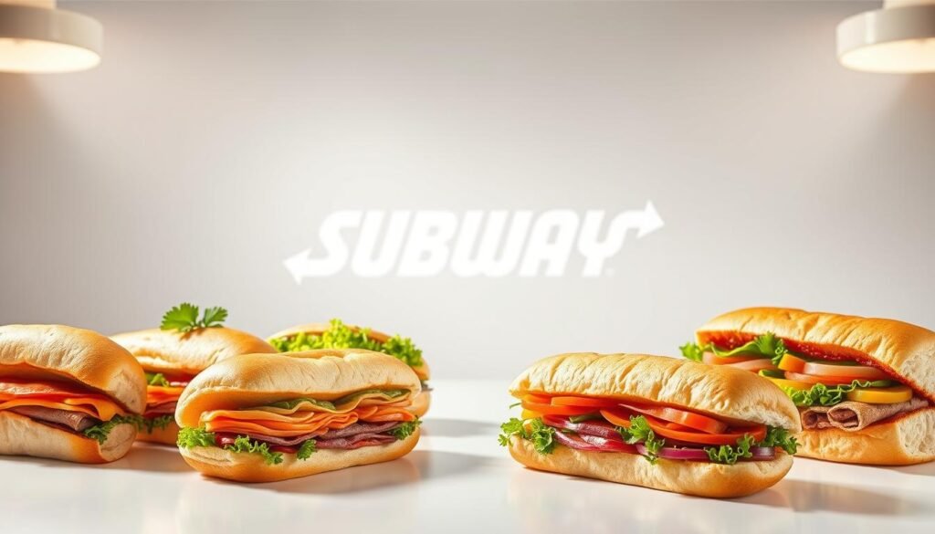 A high-quality, detailed image of "Subway Featured Sandwich Specials" in a well-lit, professional studio setting. In the foreground, a lineup of freshly prepared Subway sandwich varieties, featuring various meats, vegetables, and condiments artfully arranged on a clean, seamless white surface. In the middle ground, a Subway logo or branding elements subtly incorporated, creating a sense of brand identity. The background is softly blurred, maintaining focus on the delectable sandwich offerings. The lighting is warm and natural, accentuating the vibrant colors and textures of the ingredients. The overall composition conveys a sense of appetite appeal, quality, and the enticing nature of Subway's featured sandwich specials.
