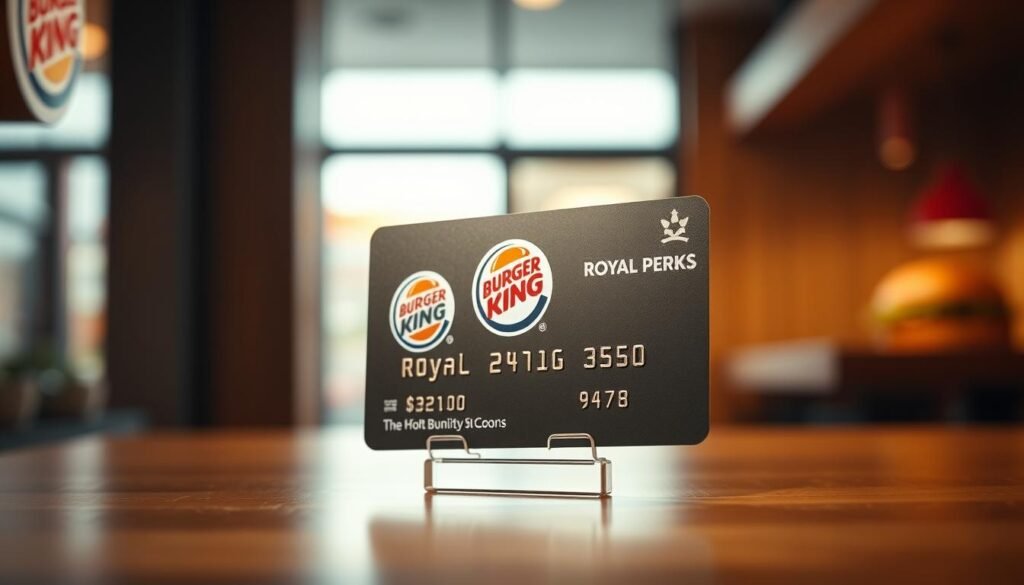 A high-quality, photorealistic image of a Burger King Royal Perks membership card. The card is shown in the foreground, positioned at a slight angle and illuminated by soft, warm lighting. The card's design features the Burger King logo prominently displayed, along with the "Royal Perks" text and a metallic-like finish. The background is blurred, creating a sense of depth and focus on the card. The image conveys a premium, exclusive, and well-designed aesthetic, reflecting the benefits and rewards of the Burger King loyalty program.