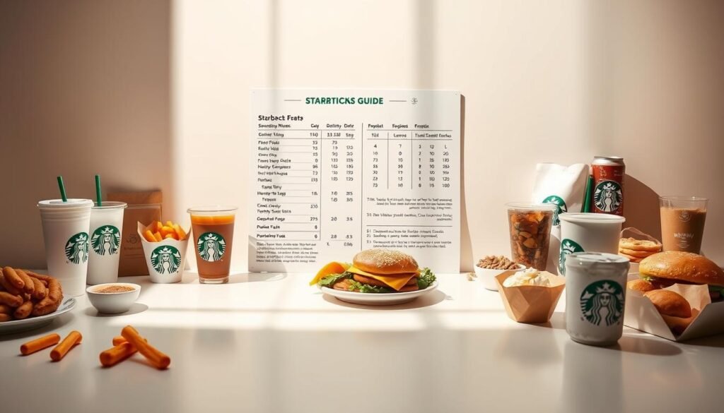 A high-resolution nutritional guide for Starbucks' new menu items, presented on a sleek white backdrop. In the foreground, an assortment of food and beverage items are meticulously arranged, casting soft shadows and highlighting their distinctive features. The middle ground features a clean, minimalist layout with detailed nutritional information, dietary notes, and serving sizes. The background is bathed in a warm, natural lighting, creating a sense of openness and simplicity. The overall composition conveys a professional, informative, and visually appealing aesthetic suitable for an article section on Starbucks' new menu offerings.