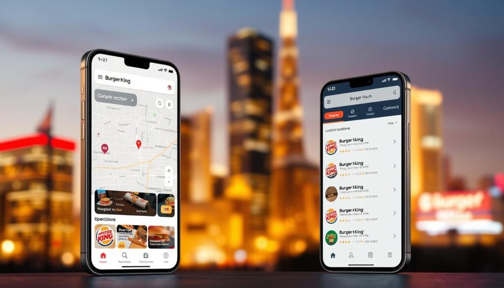 A high-resolution screenshot of a modern, user-friendly Burger King mobile app store locator interface. The foreground features a clean, intuitive layout with a prominent search bar, map view, and list of nearby Burger King locations. The middle ground showcases detailed information about each restaurant, including hours, ratings, and directions. The background depicts a blurred, photorealistic city skyline, conveying a sense of urban context. The overall scene is well-lit, with a warm, inviting color palette that resonates with Burger King's brand identity. The camera angle is slightly elevated, providing an optimal perspective for showcasing the app's key features and functionality.