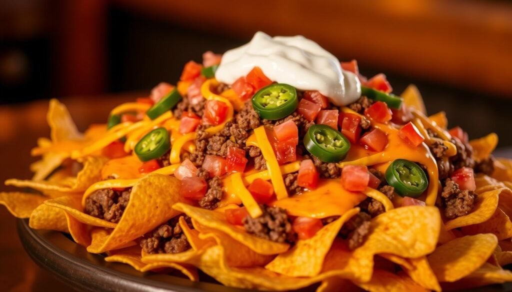 A large platter of Applebee's Neighborhood Nachos, featuring crisp tortilla chips piled high with melted cheddar and Monterey Jack cheeses, seasoned ground beef, diced tomatoes, sliced jalapeños, and a generous dollop of cool sour cream. The nachos are highlighted by warm, golden lighting casting a cozy glow, captured from a slightly elevated angle to showcase the abundant toppings. The background is blurred, allowing the decadent nachos to take center stage and tempt the viewer's appetite. This vibrant, Mexican-inspired starter invites diners to enjoy a flavorful and shareable beginning to their Applebee's dining experience.