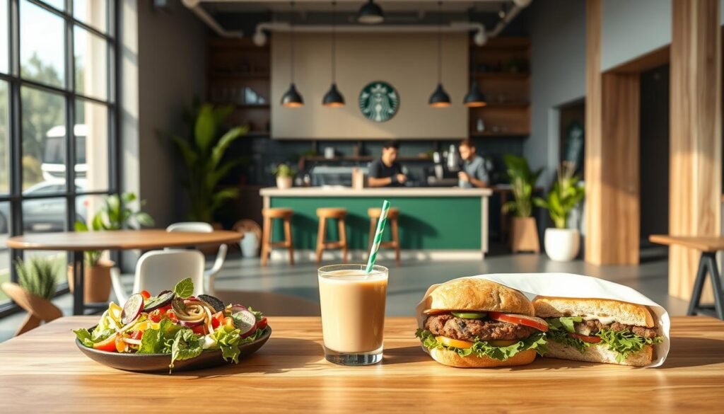 A modern, minimalist cafe setting with natural light flooding through large windows. In the foreground, an assortment of plant-based menu items are artfully arranged on a wooden table - a colorful salad, a creamy plant-based smoothie, and a hearty plant-based sandwich. The middle ground features a sleek, green-accented Starbucks counter with baristas preparing beverages. The background showcases an earthy, neutral-toned decor with potted plants and natural wood accents, creating a calming, wellness-focused ambiance. The overall scene conveys a sense of nourishment, health, and a commitment to sustainable, plant-based options.
